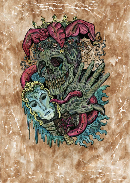 ilustrações, clipart, desenhos animados e ícones de ilustração de aquarela grunge do crânio assustador do coringa com máscara e espelho. - coringa desenho