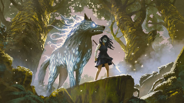Guardians of the mysterious forest wild girl with her wolf standing in the forest, digital art style, illustration painting fantasy stock illustrations