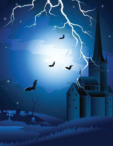 halloween background Vector illustration - Halloween background with lightning and castle storm silhouettes stock illustrations