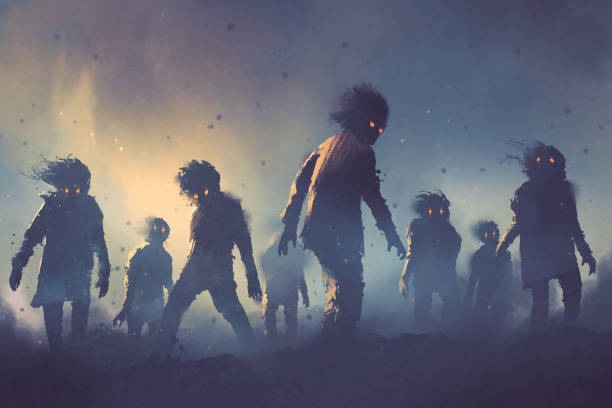 Halloween concept of zombie crowd walking at night vector art illustration