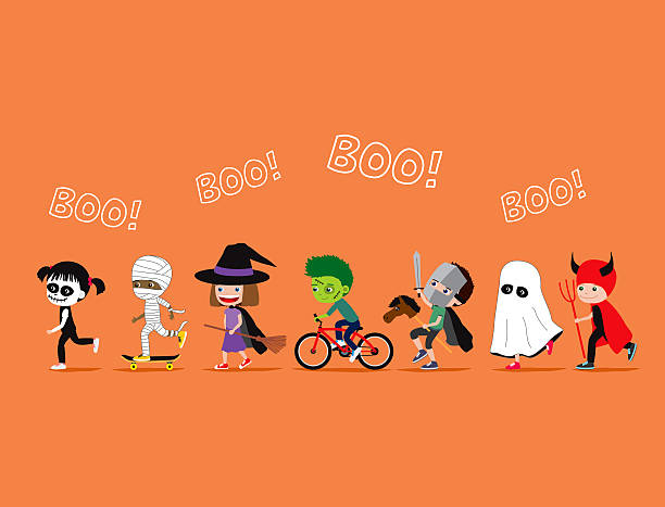 Halloween kids. Cute cartoon children in costumes Halloween kids. Cute cartoon children in costumes: skeleton, mummy, witch or wizard, zombie, knight, ghost and devil trick or treat stock illustrations