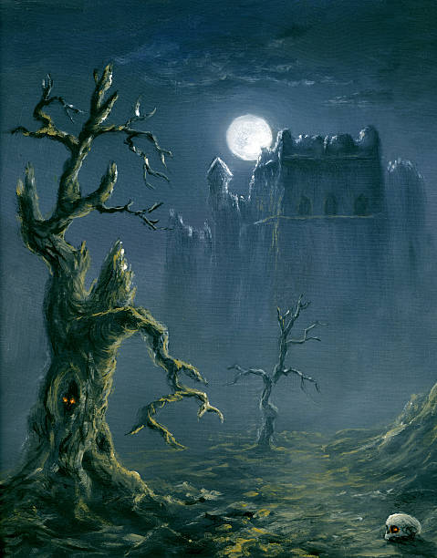 Halloween night Vampire castle in moon light  mountains in mist stock illustrations
