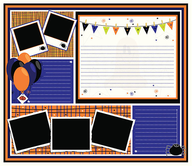 Halloween Party Page "Halloween Party Page with balloons, empty frames, confetti, ghost, spider and bunting. Perfect for your holiday celebration." halloween photos stock illustrations