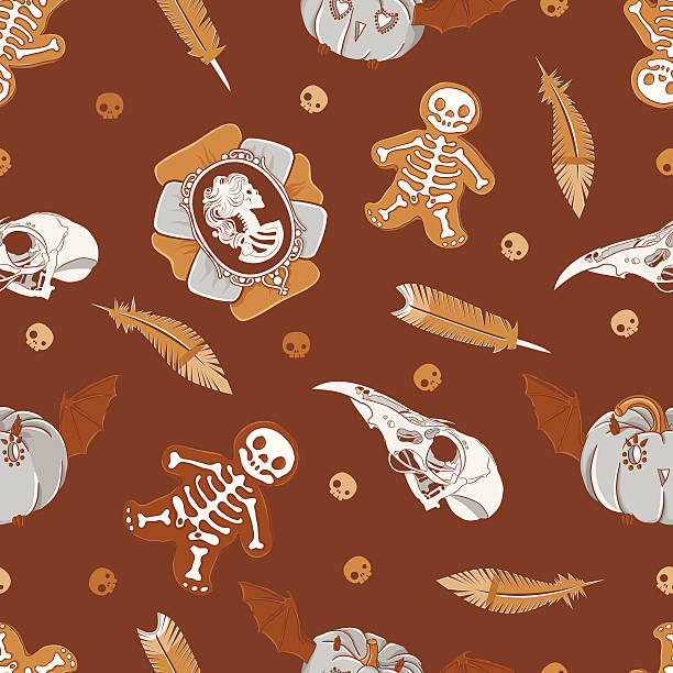 Halloween seamless background "Halloween seamless background with vintage brooch, skulls, cookies, pumpkins  and  feathers" cameo brooch stock illustrations