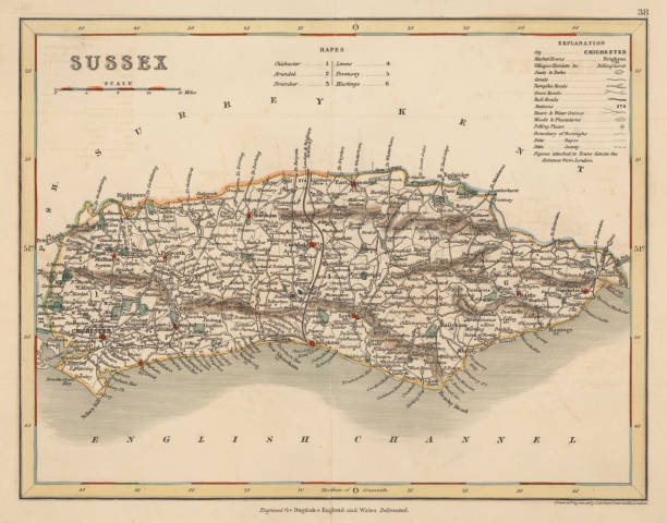 hand coloured antique map of sussex england - brighton stock illustrations