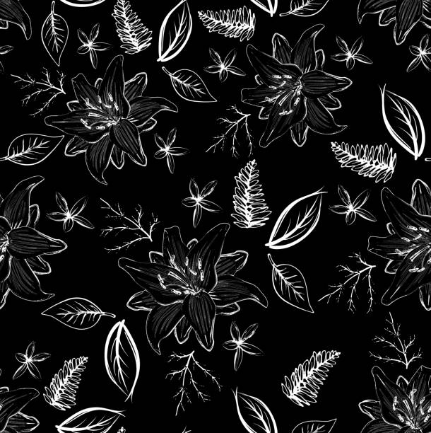Hand draw seamless pattern lily flower leaf and branches Hand draw seamless pattern lily flower leaf and branches black and white hibiscus cartoon stock illustrations