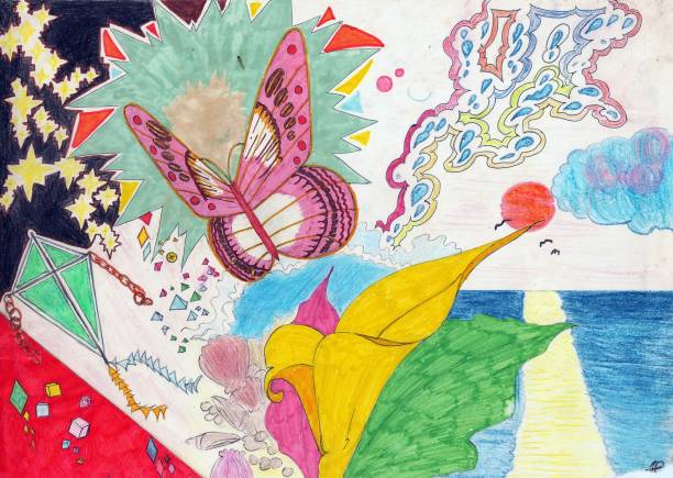 hand drawing with felt-tip pens and watercolors of a flying butterfly hand drawing with felt-tip pens and watercolors of a flying butterfly and the sea in the distance butterfly fairy flower white background stock illustrations