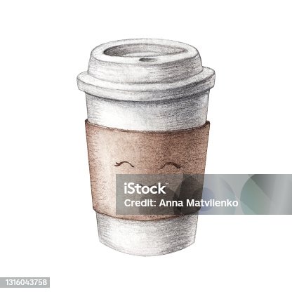 istock Hand drawn watercolor cardboard paper cute coffee cup, take away, isolated on white background. Food illustration, coffee to go. Watercolor painting 1316043758