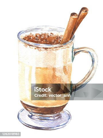 istock Hand drawn watercolor coffee in a tall glass, with cinnamon, isolated on white background. Food delicious illustration. 1282018983