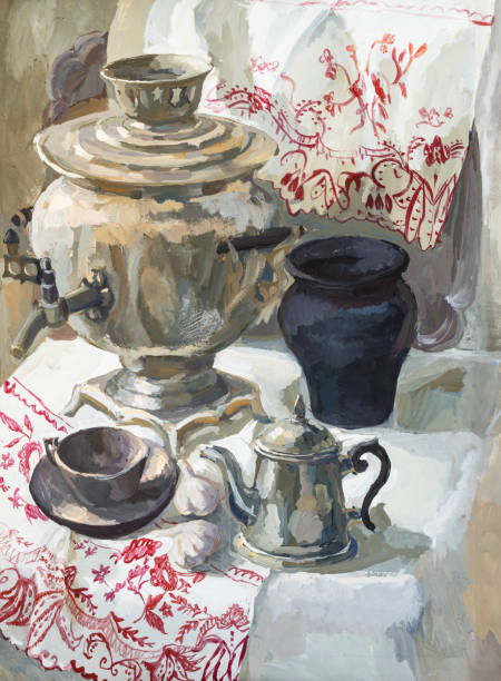 hand painted still life with samovar and teapot still life with samovar and teapot hand-painted by tempera paints on white paper tempera painting stock illustrations