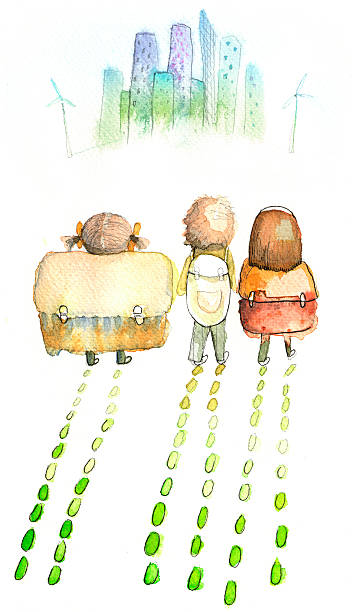 hand gemalte aquarell abbildung von drei kinder - sustainable future road stock-grafiken, -clipart, -cartoons und -symbole