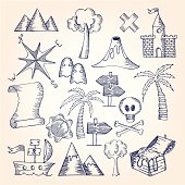 Hand-drawn treasures & pirates illustration. You can use elements for your own treasure map.