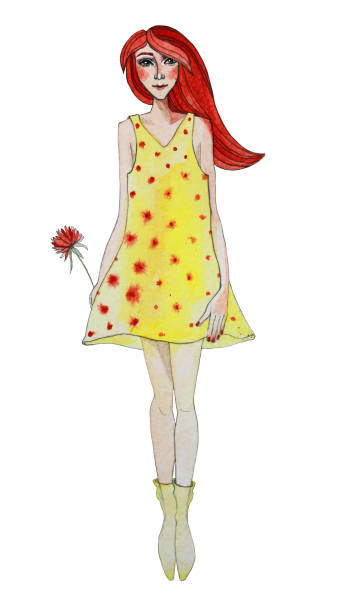 Hand-drawn watercolor summer spring woman with red hair and yellow dress. Illustration isolated on white background for card, sticker. Hand-drawn watercolor summer spring woman with red hair, yellow dress and flower. Illustration isolated on white background for art creative card, sticker. sweet little models pictures stock illustrations