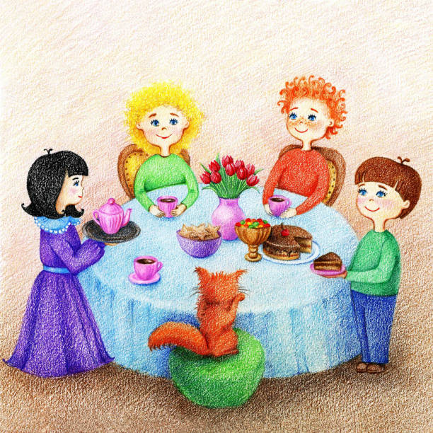 ilustraciones, imágenes clip art, dibujos animados e iconos de stock de manos dibujado la imagen de cuatro niños y el gato rojo - curley cup