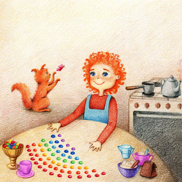 hands drawn picture of little boy and red cat on a kitchen by the color pencils hands drawn picture of little boy standing at the table, preparing candies and red cat plays with butterfly on a kitchen by the color pencils curley cup stock illustrations