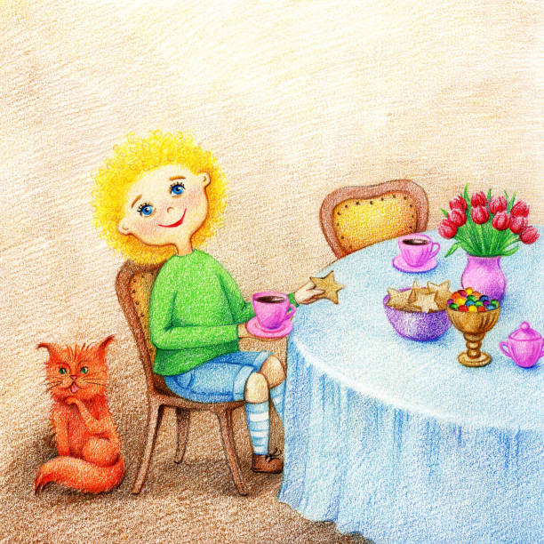ręce narysowane zdjęcie małego chłopca siedzi przy stole, pije herbatę z ciasteczkami i czerwonym kotem na jadalni przy kolorowych ołówkach - curley cup stock illustrations