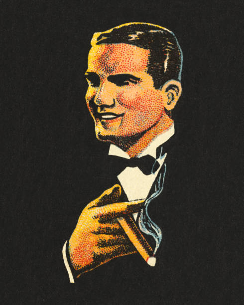 ilustraciones, imágenes clip art, dibujos animados e iconos de stock de hombre guapo fumando un puro - smoke on black