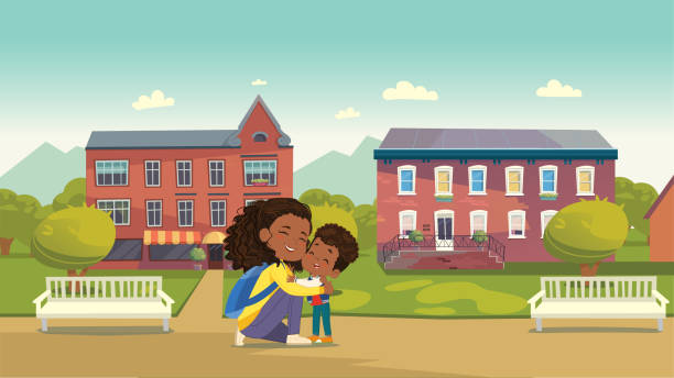 Happy African American family hugging to each other on summer city street vector flat illustration  african american mothers day stock illustrations
