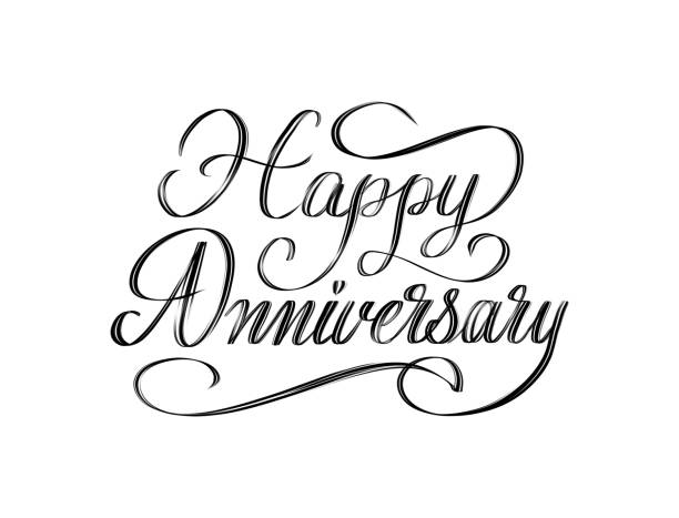 Happy Anniversary - beautiful script hand lettering composition design in black and white Happy Anniversary - beautiful script hand lettering composition design in black and white wedding anniversary stock illustrations