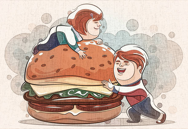 happy boy and girl holding big burger digital painting / raster illustration of happy boy and girl holding big burger big fat girl drawing stock illustrations