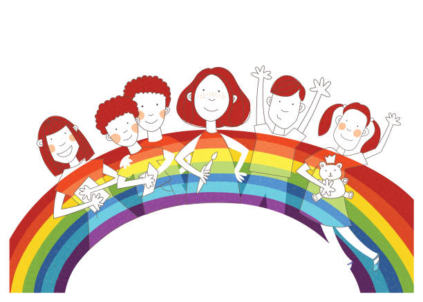Happy Children with Rainbow on Background. Designed for farewell, welcome or thank you cards for teachers, new classmates and more. Happy Children with Colorfull Rainbow on Background. Designed for farewell, welcome or thank you cards for teachers, new classmates and more. thank you kids stock illustrations