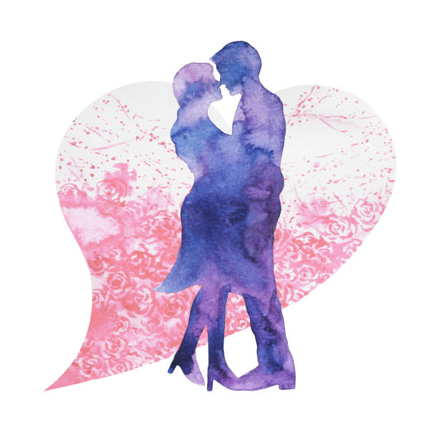 illustrazioni stock, clip art, cartoni animati e icone di tendenza di felice coppia amante baci, biglietto di nozze o fidanzamento, impegnarsi, san valentino, felicità, acquerello pittura illustrazione design - couple kiss