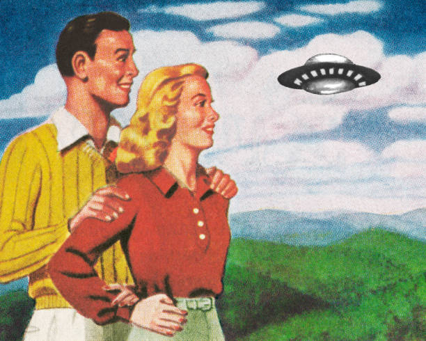 ilustraciones, imágenes clip art, dibujos animados e iconos de stock de pareja feliz viendo un ovni - ufo