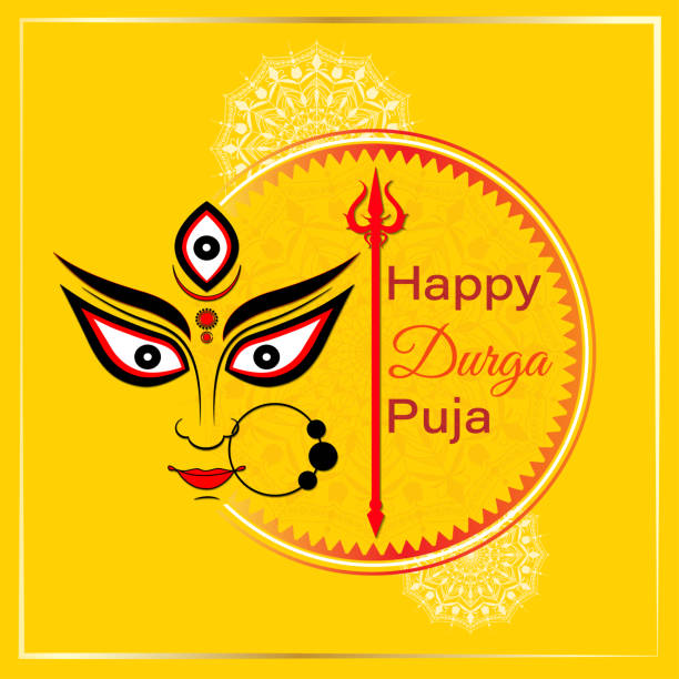 happy durga puja wektor ilustracji tle z bogini durga oczy i trishul. - bengals stock illustrations