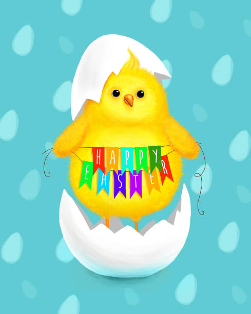 Happy Easter illustration with cute chick in broken egg Happy Easter illustration with cute chick in broken egg. easter sunday stock illustrations