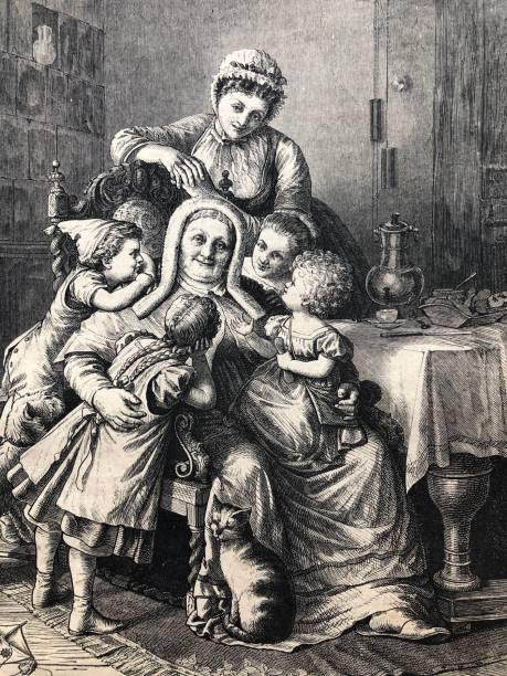 Happy grandmother surrounded by her grandchildren and daughter Illustration from 19th century curley cup stock illustrations