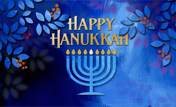 Happy Hanukkah graphic leaves and berries Graphic illustration of Hanukkah Menorah with Happy Hanukkah holiday message amid simple cluster of textured holly leaves and berries. Art suitable for use with Jewish holiday celebration themes including greeting cards, headers and banners, etc. happy hanukkah stock illustrations
