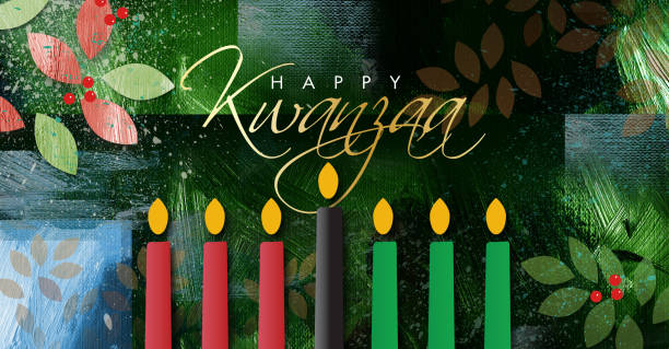 Happy Kwanzaa Script brush stroke and leaves background Graphic design of the holiday sentiment Happy Kwanzaa set against festive greens, blues and reds grunge style background. Art suitable for Kwanzaa Holiday themes including greeting card art. kwanzaa stock illustrations