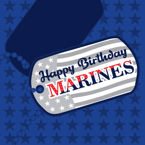 Happy Marines Day message for 10th November Happy Birthday Marines message on dog tags in United States Flag colors on a blue background marine corps birthday stock illustrations