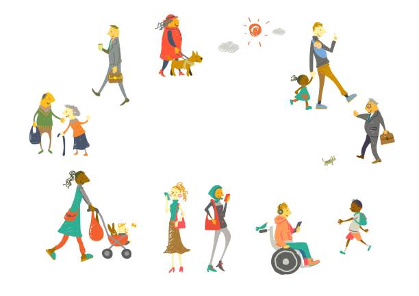 ilustrações de stock, clip art, desenhos animados e ícones de happy people illustration, diversity, equality and peace - wheelchair street happy