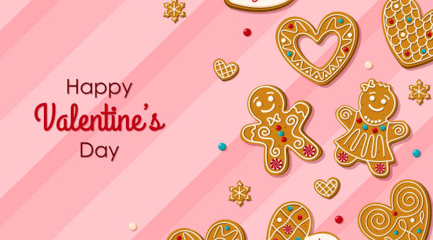 Happy Valentine's Day greeting card with gingerbread man and hearts in glaze. Homemade cookies for a romantic dinner on a pink background. Vector illustration Happy Valentine's Day greeting card with gingerbread men and hearts in glaze. Homemade cookies for a romantic dinner on a pink background. Vector illustration.. silhouette of christmas cookie border stock illustrations