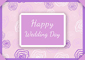 istock Happy wedding day hand - lettering sign in frame. Calligraphy words for greeting cards, weddind invitations. Background with line art roses 1360653830