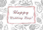 istock Happy wedding day hand - lettering sign in frame. Calligraphy words for greeting cards, weddind invitations. Background with watercolor roses 1361616287