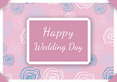 istock Happy wedding day hand - lettering sign in frame. Calligraphy words for greeting cards, weddind invitations. Background with line art roses 1362739687