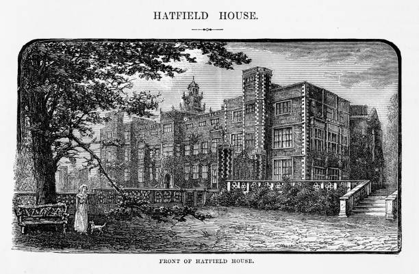 bildbanksillustrationer, clip art samt tecknat material och ikoner med hatfield, framsidan av hatfield house, hertfordshire, england viktorianska gravyr, 1840 - hatfield