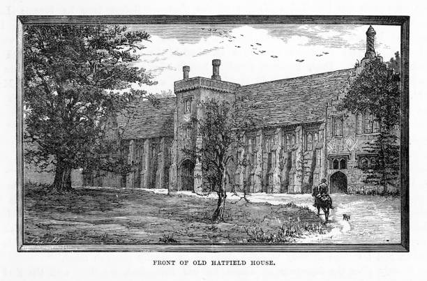bildbanksillustrationer, clip art samt tecknat material och ikoner med hatfield, framsidan av gamla hatfield house, hertfordshire, england viktorianska gravyr, 1840 - hatfield