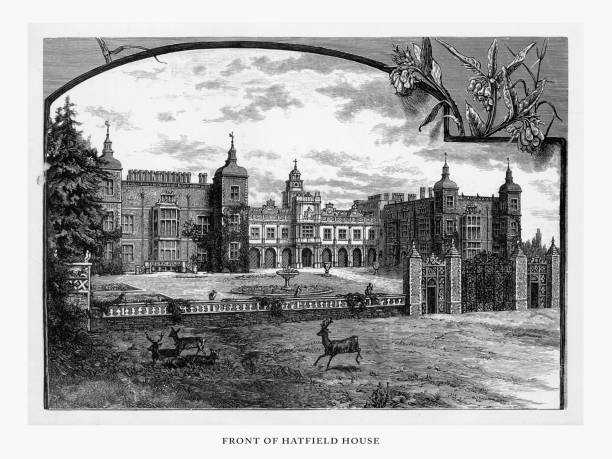 bildbanksillustrationer, clip art samt tecknat material och ikoner med hatfield, hatfield house, hertfordshire, england viktorianska gravyr, 1840 - hatfield