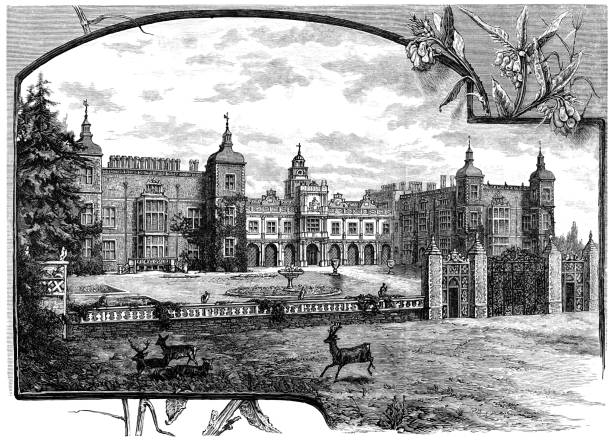 bildbanksillustrationer, clip art samt tecknat material och ikoner med hatfield house i hatfield, england - 1800-talet - hatfield