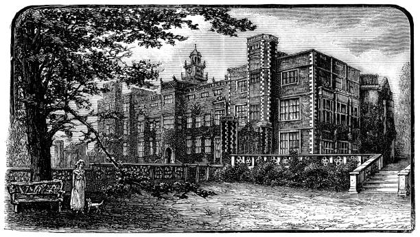 bildbanksillustrationer, clip art samt tecknat material och ikoner med hatfield house i hatfield, england - 1800-talet - hatfield