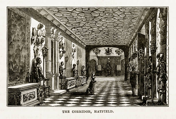 bildbanksillustrationer, clip art samt tecknat material och ikoner med hatfield, korridoren, hatfield house, hertfordshire, england viktorianska gravyr, 1840 - hatfield
