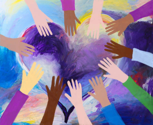 Heart and hands painting Heart with hands of multicultural group, love, unity, equality. Abstract acrylic on canvas and digital hand painting. My own work. charity and relief work stock illustrations