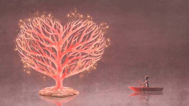 Heart tree on island with woman on a boat and man reflection ,surreal love concept artwork, imagination art, fantasy landscape painting, dreamlike illustration, love romantic concept vector art illustration