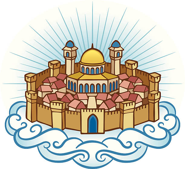 Heavenly Jerusalem "An illustration of the ""spiritual Jerusalem"", as it appears in medieval holy scriptures. A shining city, floating in a cloud, with a golden temple in it's center. SL" synagogue stock illustrations