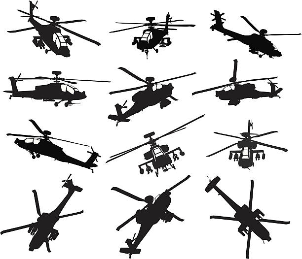 Helicopter silhouettes set AH-64 Apache Longbow helicopter silhouettes set. Vector on separate layers military helicopter stock illustrations