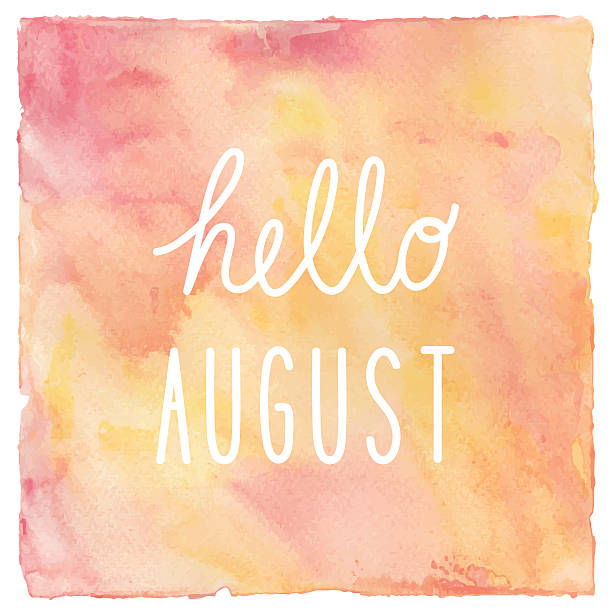 Hello August text on red and yellow watercolor background Hello August text on red and yellow watercolor background. august stock illustrations