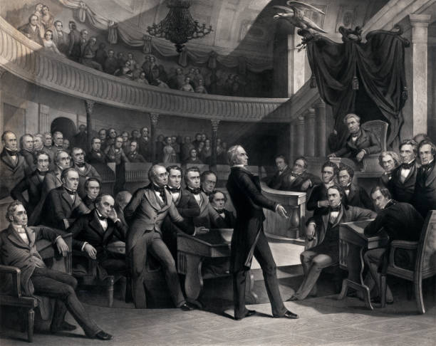 Henry Clay in the United States Senate Chamber Vintage engraving features Kentucky Senator Henry Clay speaking about the Compromise of 1850 in the Old United States Senate Chamber. The Compromise of 1850 consists of five laws passed in that dealt with the issue of slavery and territorial expansion. senate stock illustrations